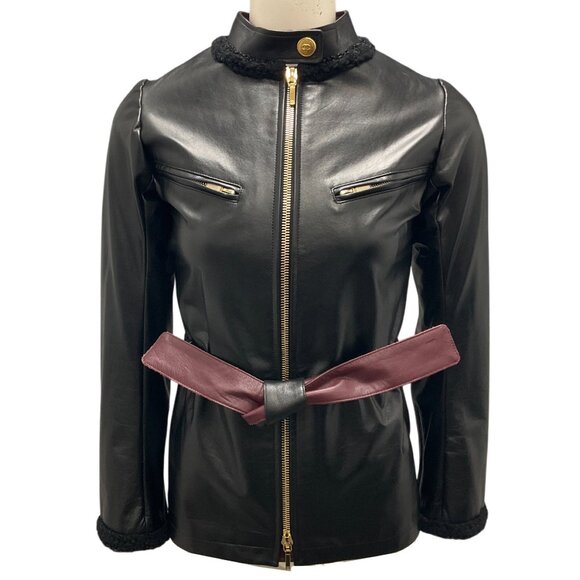 Chanel Black / Burgundy Belted Zip-front Leather Jacket - Picture 1 of 6